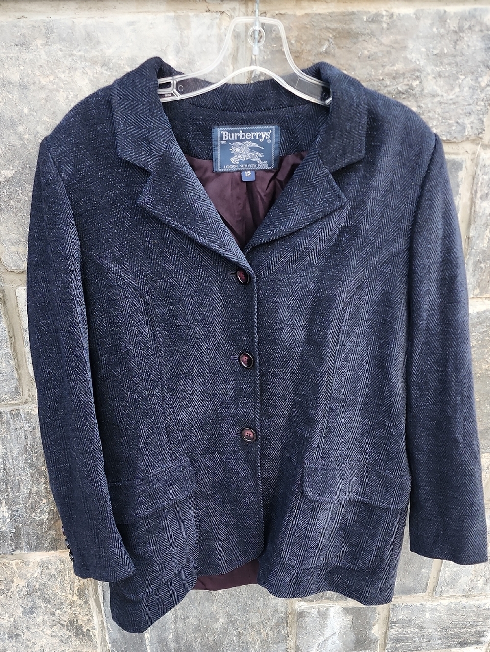 Vintage Burberrys Dark Navy Herringbone Wool Blend Pea Coat Made In USA Size 12